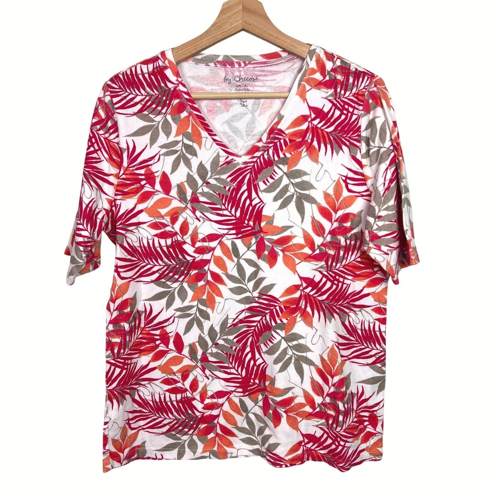 Chicos Womens Tropical‎ Leaf Print Cotton V-Neck Short Sleeve Top Size 2 (Large)